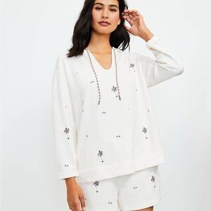 NWT Lou & Grey Paradise Palm Embroidered Hooded Sweatshirt, Size L